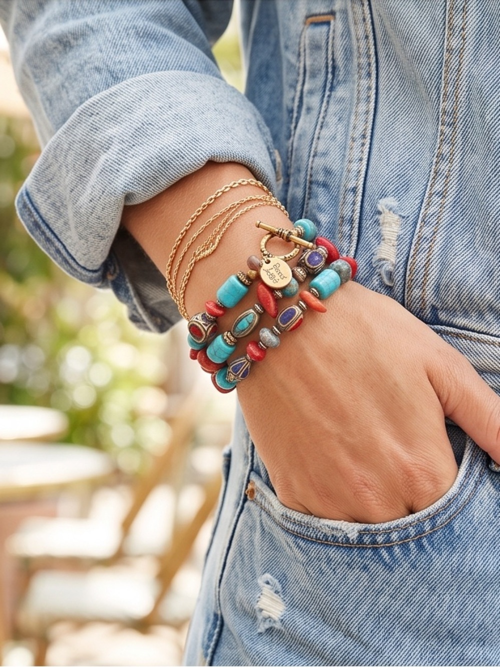 Boho Multistrand Turquoise & Coral Beaded Bracelet Set w/ Brass inlays. ☑️